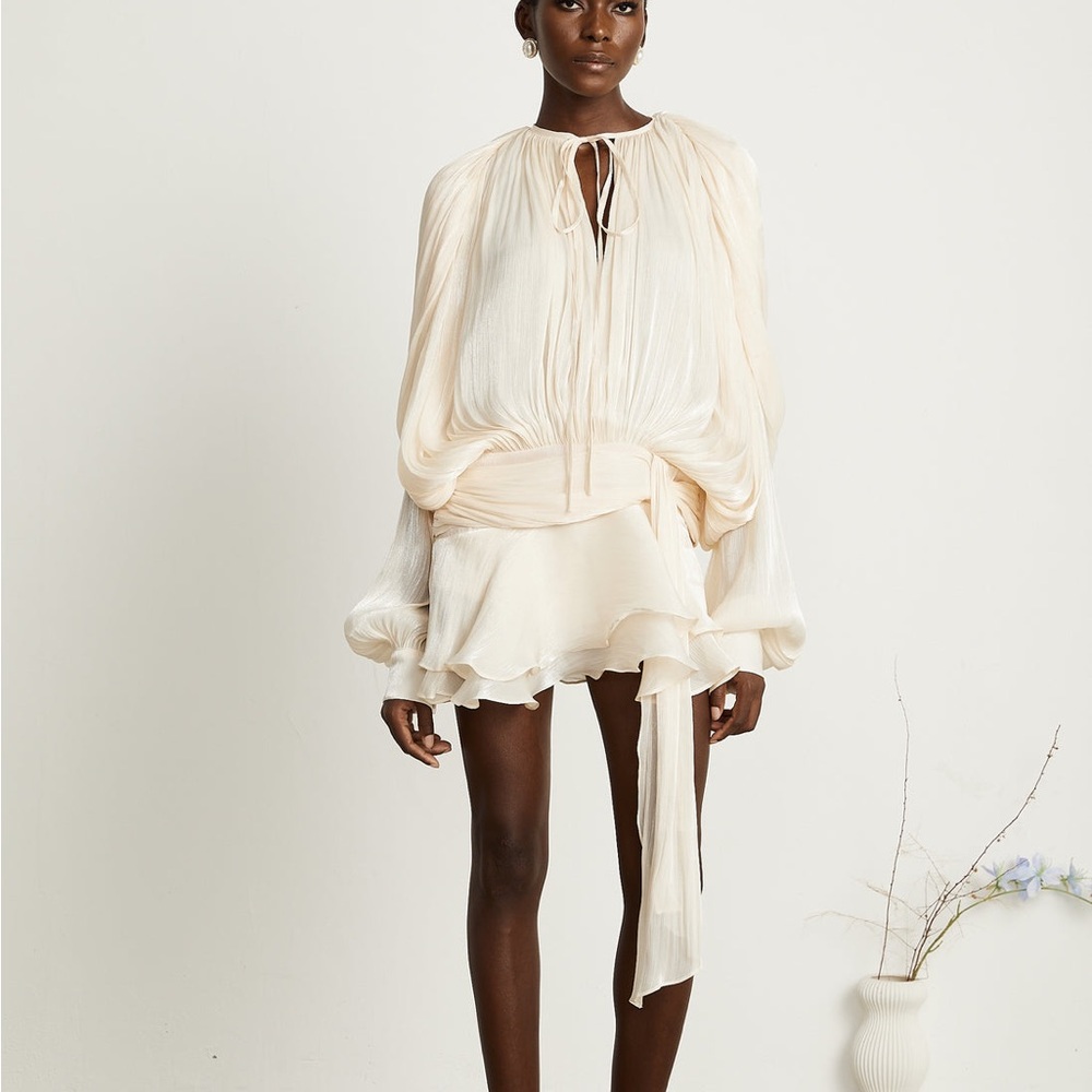 Cream Chiffon Long Sleeve Flowy Mini Dress